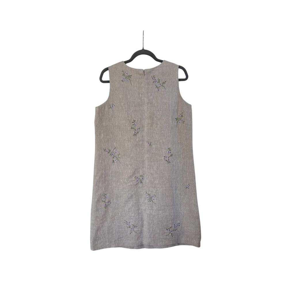 Talbots Classic 100% Linen Khaki Embroidered Floral Modest Mini Dress, Size 12P - Picture 10 of 15